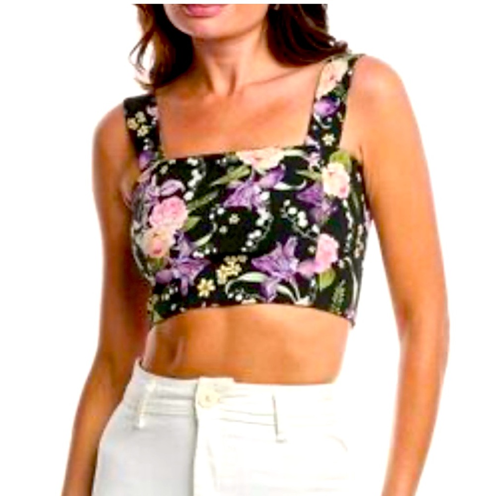 Agua Bendita Leah Dreamin smocked crop Top black, purple, pink floral $130 NWT